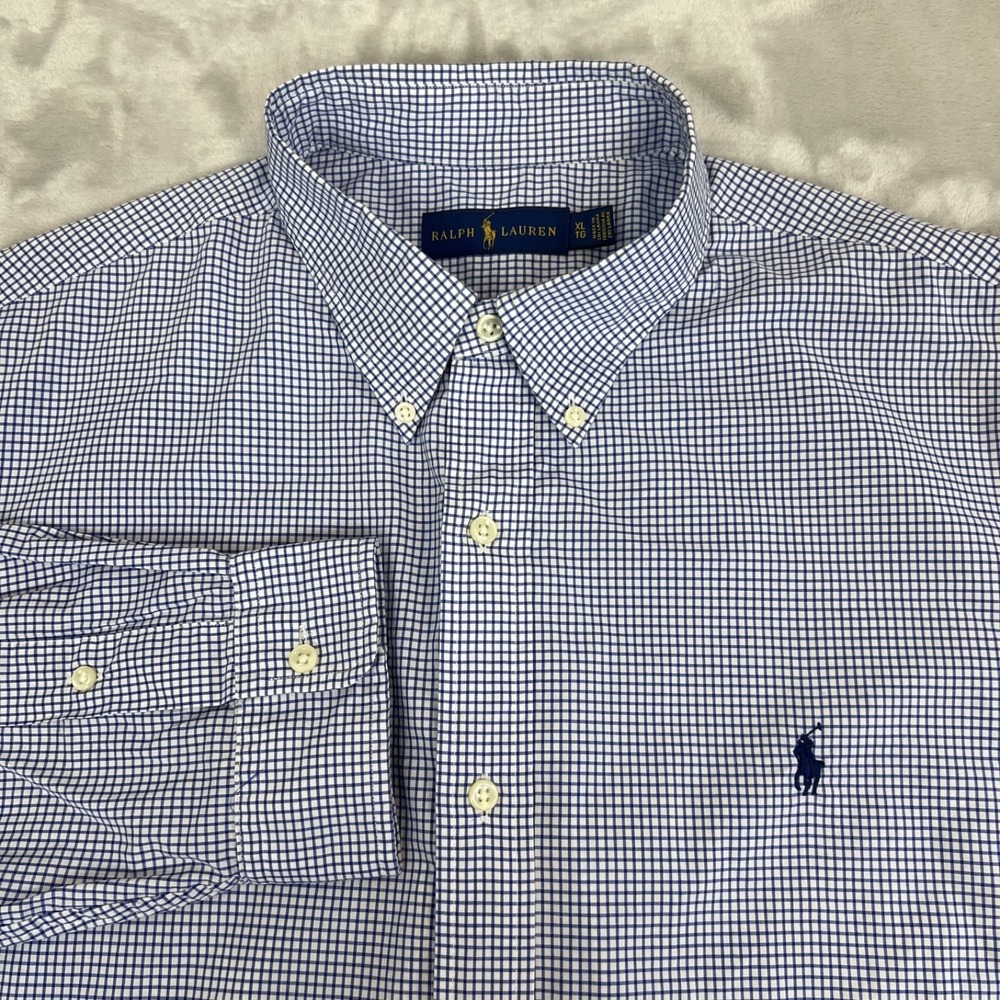 Ralph Lauren Shirt Mens‎ XL Blue Check Plaid Button Up Cotton Preppy Ivy League